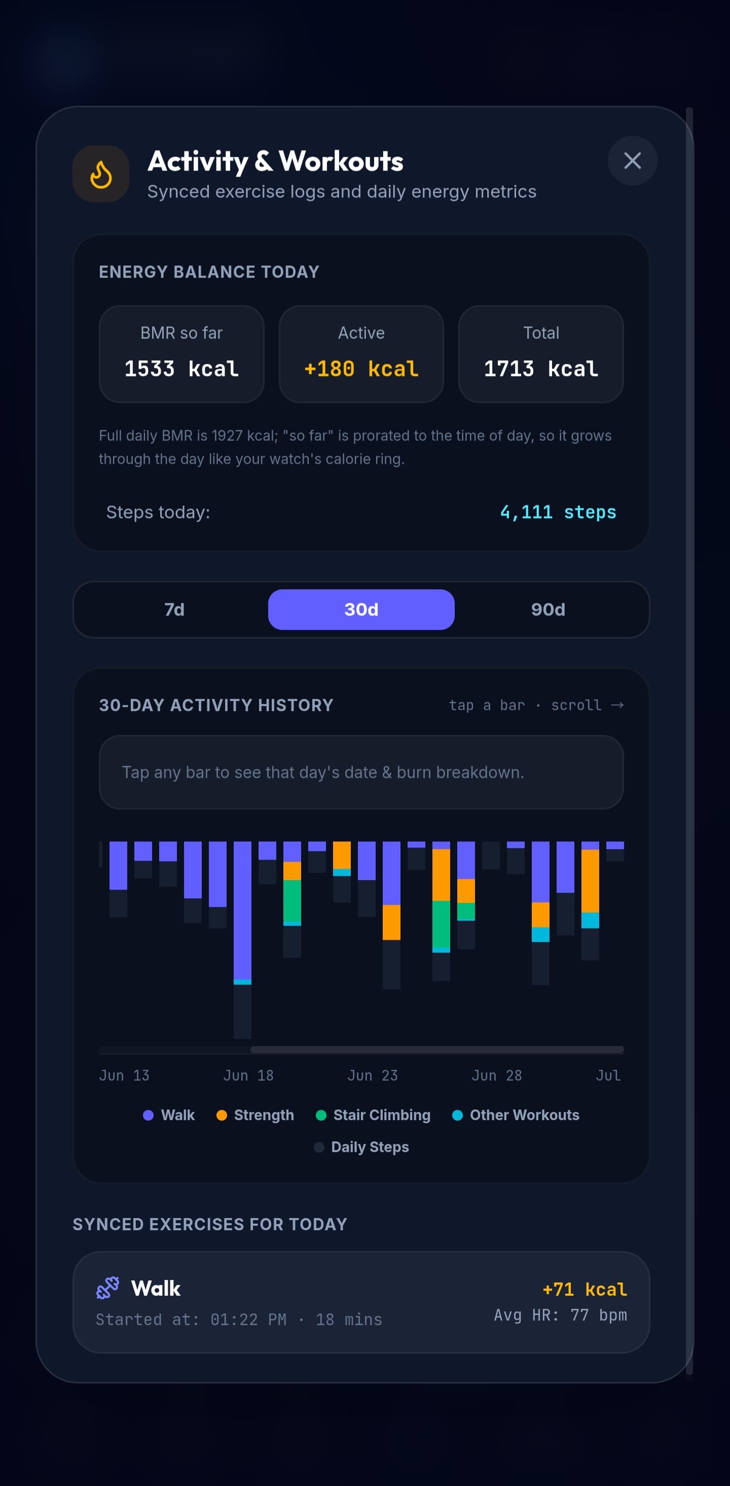 Activity and workouts screen with energy balance and 30-day history