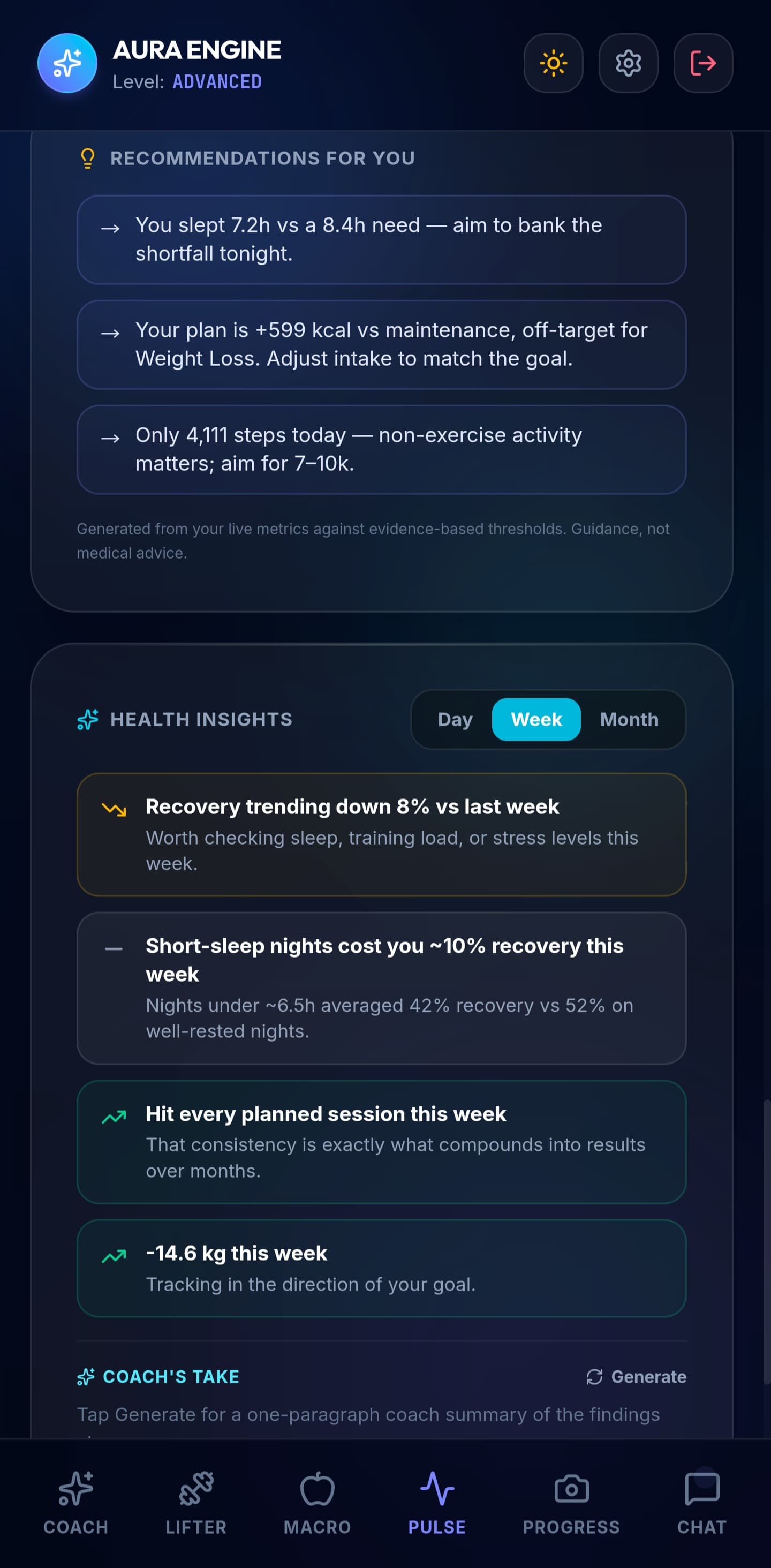 AURA recommendations and weekly health insights computed from live metrics