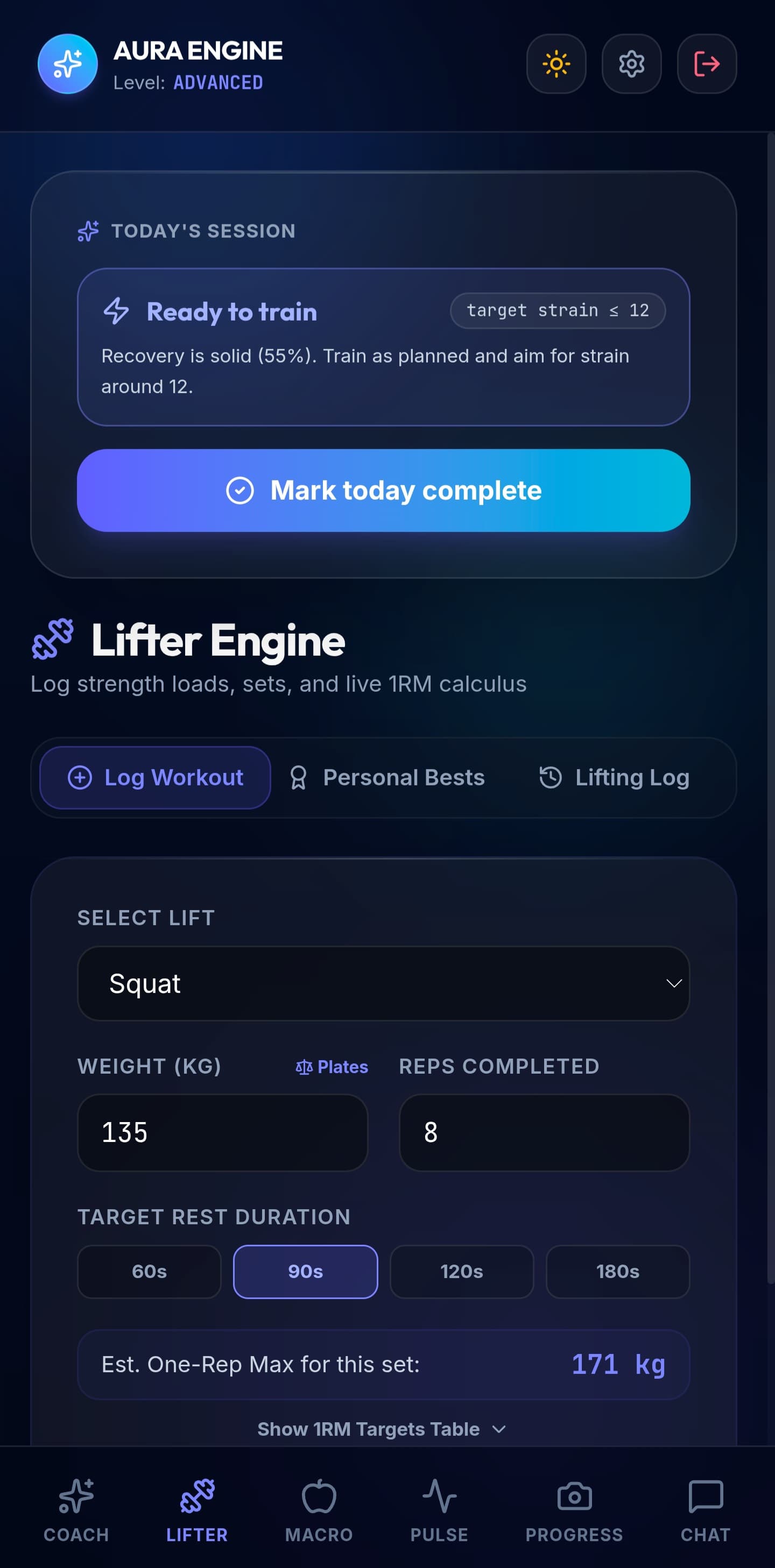 Lifter Engine logging a squat set with live one-rep-max estimate