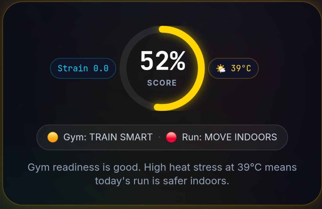 AURA outdoor run readiness showing a weather and biometric decision